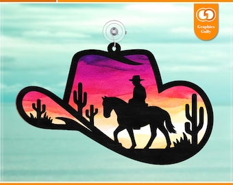 Cowboy Hat Suncatcher Svg | Horse Ornament | Western Sun Catcher Hanging Window, Garden Ornament | Glowforge Laser Cut File | SVG, DXF, PDF