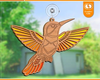 Acchiappasole a forma di colibrì volante in formato SVG / / Decorazione murale, decorazione per finestra / Acchiappasole in acrilico laser / File di taglio laser Glowforge / SVG, DXF, PDF