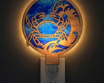 Sea Wave Crab Night Light SVG | Crab Lamp Laser Cut File | Ocean LED Night Light | Digital Download | Svg Pdf Dxf