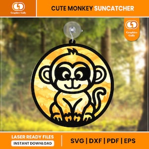 May include: A circular suncatcher featuring a cute monkey design. The monkey is black with a yellow and gold background. The suncatcher is hanging from a suction cup. Text at the top reads "CUTE MONKEY SUNCATCHER". The bottom text reads "LASER READY FILES INSTANT DOWNLOAD".