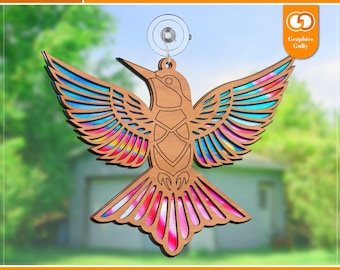 Acchiappasole a forma di colibrì volante in formato SVG / / Decorazione murale, decorazione per finestra / Acchiappasole in acrilico laser / File di taglio laser Glowforge / SVG, DXF, PDF