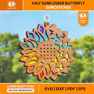 Half Sunflower With Butterfly Suncatcher | Garden Window Ornament Decoration | Glowforge Laser Cut File | SVG, DXF, PDF | Digital File