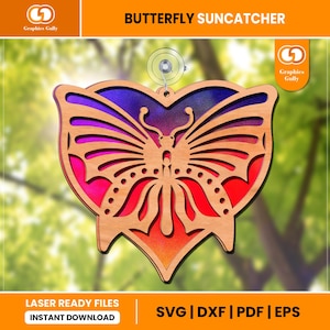 Butterfly Heart Suncatcher | Hanging Window, Garden Ornament |  Acrylic Suncatcher | Glowforge Laser Cut File | SVG, DXF, PDF | Digital File