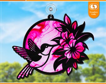 Acchiappasole a forma di colibrì con ghirlanda floreale / Decorazione da parete rotonda, Ornamento per finestra / Acchiappasole in acrilico / File tagliato al laser Glowforge / SVG, DXF, PDF /