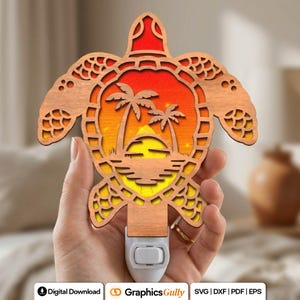 May include: A wooden night light in the shape of a turtle, featuring a sunset scene with palm trees. The light has a warm color palette of orange, yellow, and brown. The night light is designed to plug into a standard electrical outlet.