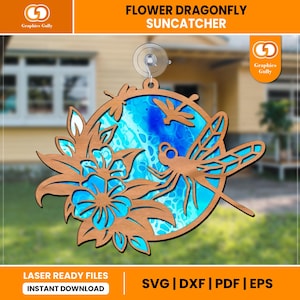 Floral Dragonfly Suncatcher | Acrylic laser Sun Catcher File | Window Ornaments | Glowforge Laser Cut File | SVG, DXF, PDF | Digital File |