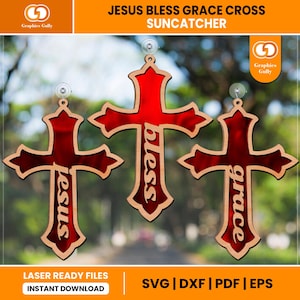 Jesus Bless Grace Cross Suncatcher | Suncatcher Window, Garden Ornament |  Acrylic Suncatcher | Glowforge Laser Cut File | SVG, DXF, PDF