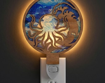 Sea Wave Octopus Night Light SVG | Octopus Lamp Laser Cut File | Ocean LED Night Light | Digital Download | Svg Pdf Dxf