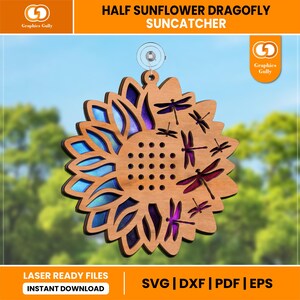 Half Sunflower With Dragonfly Suncatcher | Garden Window Ornament Decoration | Glowforge Laser Cut File | SVG, DXF, PDF | Digital File
