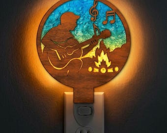 Guitar Campfire Night Light SVG | Camping Music Lamp Laser Cut File | Outdoor LED Light | Digital Download | Svg Pdf Dxf