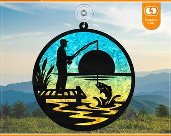 Lake Fishing Suncatcher SVG | Camp Lake Fishing Ornament | Laser Cut File for Acrylic & Wood | Outdoor Camping Decor SVG