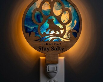 Paw with Beach Night Light SVG | Dog Beach Lamp Laser Cut File | Pet Lover Coastal LED Light | Digital Download | Svg Pdf Dxf