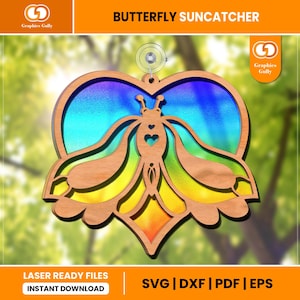 Heart Shape Butterfly Suncatcher | Hanging Window, Garden Ornament |  Laser Cut Sun catcher | Glowforge File | SVG, DXF, PDF | Digital File