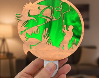 Bass Fly Fishing Fisherman Night Light Svg | Laser Cut File | Lamp Template | Digital Download | SVG PDF DXF
