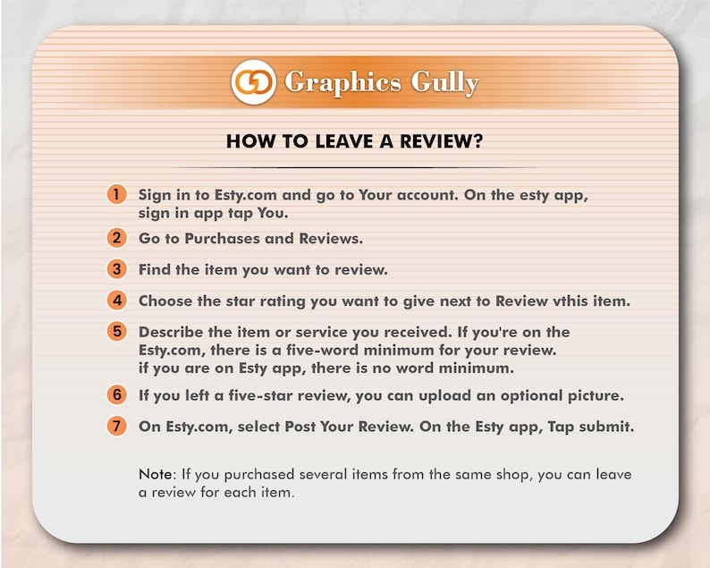 May include: A white and orange illustrated guide with the text "Graphics Gully" and "How to Leave a Review?"  The guide provides seven steps on how to leave a review on Etsy.com and the Etsy app.
