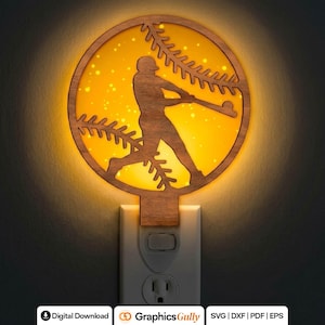 Basebollspelare nattlampa Svg | Laserskuren fil | Lampmall | Digital nedladdning | SVG PDF DXF