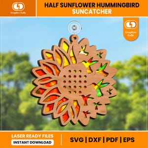 Half Sunflower With Hummingbird Suncatcher | Garden Window Ornament Decoration | Glowforge Laser Cut File | SVG, DXF, PDF | Digital File
