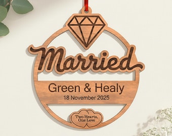 Just Married Wedding Ornament SVG | Lasergesneden bestand | Ontwerp kerstcadeau pasgetrouwd | Digitale download Glowforge en Cricut