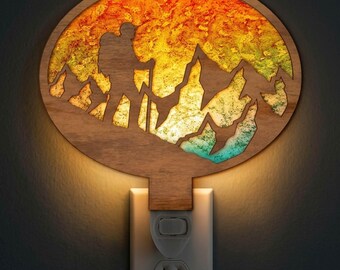 Hiker on Mountain Night Light SVG | Hiking Adventure Lamp Laser Cut File | Outdoor LED Light | Digital Download | Svg Pdf Dxf