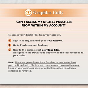 May include: A white and orange digital download guide with the text "Can I access my digital purchase from within my account?" and a numbered list of instructions on how to access digital files from Etsy.com.