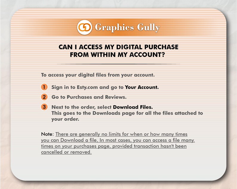 May include: A white and orange digital download guide with the text "Can I access my digital purchase from within my account?" and a numbered list of instructions on how to access digital files from Etsy.com.