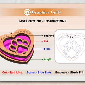 May include: Laser cutting instructions for a wooden heart-shaped ornament with a paw print inside. The instructions show how to engrave, cut, and score the wood. The text on the ornament reads "You left your paw prints on my heart."