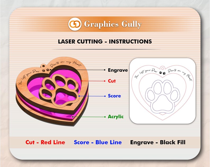 May include: Laser cutting instructions for a wooden heart-shaped ornament with a paw print inside. The instructions show how to engrave, cut, and score the wood. The text on the ornament reads "You left your paw prints on my heart."