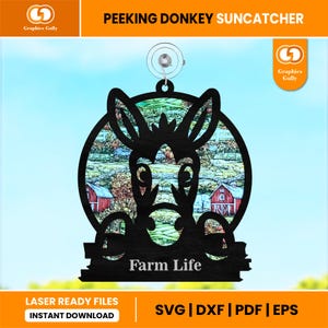 Peeking Donkey Suncatcher Svg | Farm Animal Suncatcher Garden Ornament | Acrylic Suncatcher | Glowforge Laser Cut | SVG, DXF, PDF Files |