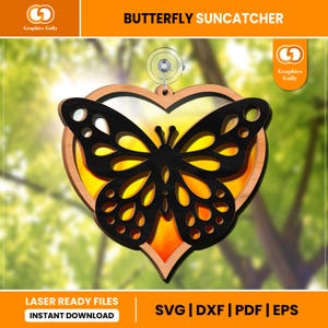 May include: A laser cut butterfly suncatcher in the shape of a heart. The butterfly is black with yellow and orange accents. The suncatcher is ready to be assembled and hung.