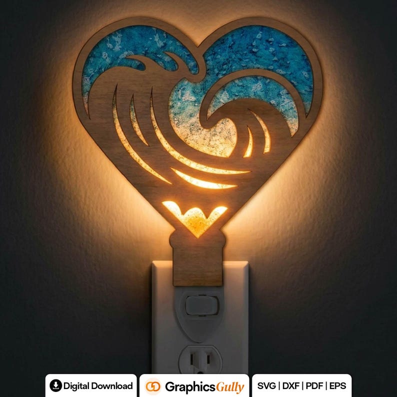 Wave Heart Night Light SVG | Ocean Heart Lamp Laser Cut File | Coastal ...