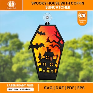 Halloween spooky gejaagd huis Suncatcher Svg | Woondecoratieornament |  Acryl zonnevanger | Glowforge lasergesneden bestand | SVG, DXF, pdf |