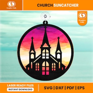 Church Suncatcher Svg | Religious Hanging Window, Garden Ornament |  Acrylic Suncatcher | Glowforge Laser Cut File | SVG, DXF, PDF |