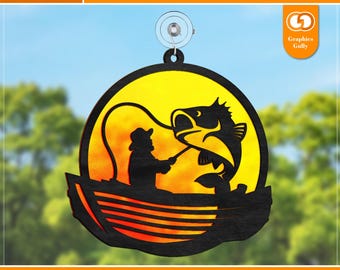 Fishing Fisherman Suncatcher Svg | Window, Garden Ornament |  Acrylic Suncatcher | Glowforge Laser Cut File | SVG, DXF, PDF |
