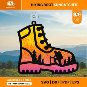 May include: A hiking boot suncatcher with a vibrant sunset design. The boot-shaped suncatcher features a hiker silhouette, trees, and the text "HIKING BOOT SUNCATCHER". The suncatcher is designed for laser cutting and is available in SVG, DXF, PDF, and EPS formats.