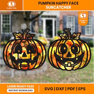 May include: Two pumpkin-shaped suncatchers with smiling jack-o'-lantern faces. The pumpkins have black outlines and are filled with orange and yellow stained glass. The text "PUMPKIN HAPPY FACE SUNCATCHER" is at the top.