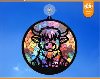 Baby Highland Cow Suncatcher Svg | Sitting Cow Suncatcher Garden Ornament | Acrylic Suncatcher | Glowforge Laser Cut | SVG, DXF, PDF File