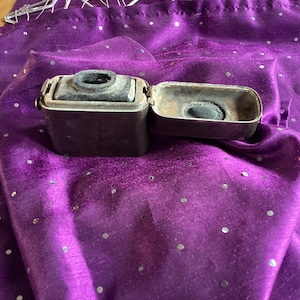 Boer War Metal Lighter Shaped Travelling Inkwell With Glass Insert, in good condition, button release works well, hinge intact