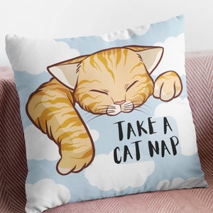 Take a cat Nap Decorative Pillow, Orange Tabby cat, Cloud Nine, Nap Queen