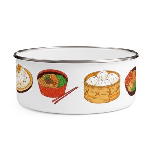 May include: White enamel bowl featuring a colourful illustration of assorted Asian dishes, including a bowl of noodles, a plate of rice, a steamer basket of dumplings, and a bowl of stir-fry.