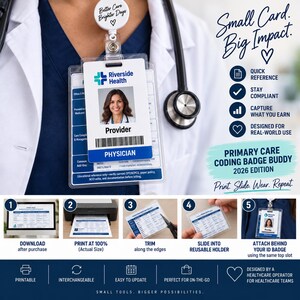 Op de afbeelding: Een Primary Care Coding Badge Buddy 2026 Edition, een referentiekaart voor medische professionals. Het heeft een witte achtergrond met blauwe tekst, een streepjescode en een fotoplaatsaanduiding. De kaart is ontworpen om achter een ID-badge te dragen.