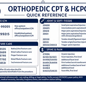 Może przedstawiać: Biała prostokątna tabela referencyjna zatytułowana ORTHOPEDIC CPT & HCPCS QUICK REFERENCE z ciemnoniebieskim tekstem i ikonami. Zawiera kody rozliczeń medycznych dla procedur E/M, opieki nad złamaniami, stawów oraz kręgosłupa i bólu.