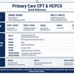 Op de afbeelding: Een wit en donkerblauw referentieoverzicht getiteld Primary Care CPT & HCPCS Quick Reference. Het bevat medische facturatiecodes voor Office E/M, Preventive & Medicare, Care Complexity & Management en Common Add-Ons met beschrijvende tekst.
