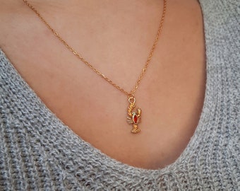 Gold Lobster Necklace | Gold Cubic Zirconia Red and Orange Lobster Pendant Necklace | Lobster Charm Necklace | Sealife Necklace