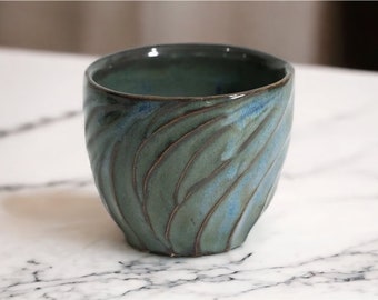 Carved Blue Green Swirls - Handmade pottery mug, handmade ceramic mug, stoneware mug, tea cup, unique best gift for friends and valentines