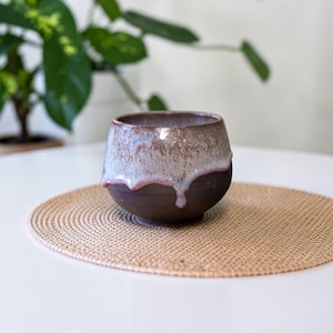 Handcrafted Wheel Thrown Ceramic Coffee Mug – Artisan Pottery Coffee Cup: Purple Drips