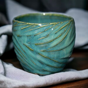 Carved Kiwi Green - Handmade pottery ceramic stoneware mug for coffee or tea cup - Best handmade gift for her, him, friends