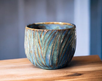 Carved Blue - Handmade pottery ceramic stoneware mug for coffee or tea cup - Best handmade gift for her, him, friends