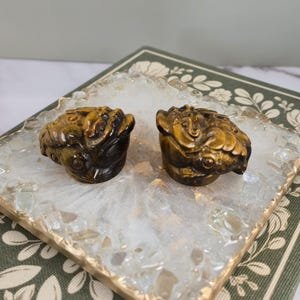 May include: Two carved tiger's eye stone figurines of mythical creatures. The figurines are displayed on a decorative tray with a gold rim and a white, crystal-like surface. The tray rests on a green patterned fabric.