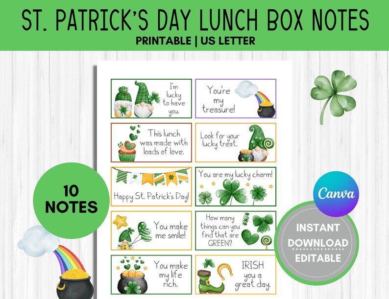 St. Patrick's Day Lunch Box Notes for Kids, Editable Lunchbox Notes ...