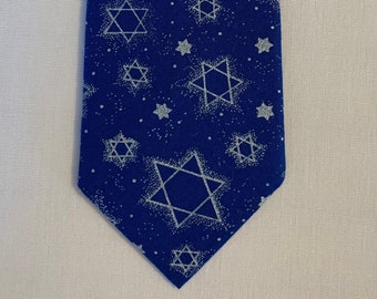 New Boys 46" Star of David Hanukkah Cotton Necktie Blue Silver Unique Handcrafted One of a Kind Jewish Chanukah Yom Kippur Passover Hebrew